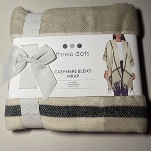 Three Dots Cashmere Blend Wrap. Fringe  One Size Fits All. Cream, tan, black